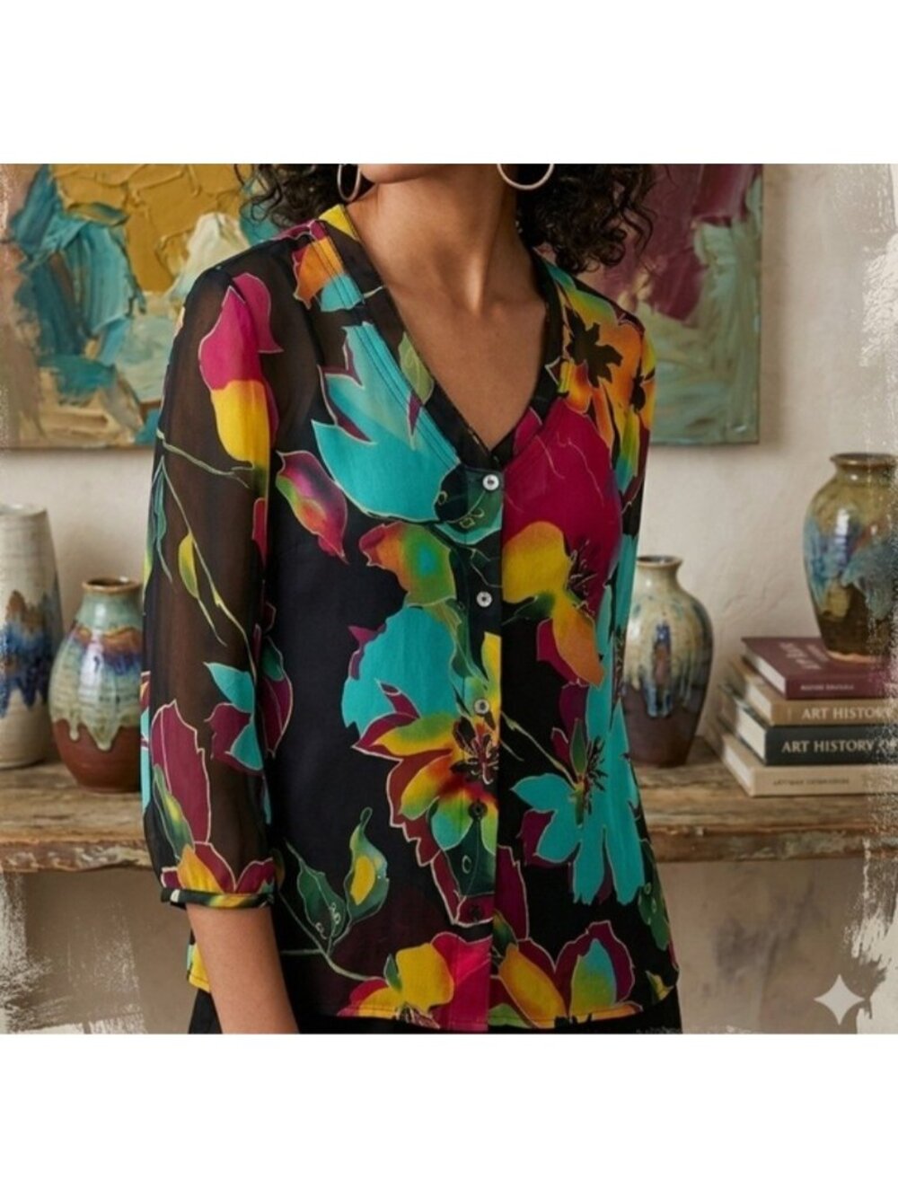 Soft Surroundings Silk Black Floral Button Up Sheer Blouse XL